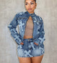 Denim Embroider Jackets And Skirt Two Piece Set